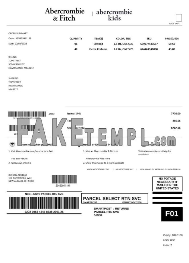 USA Abercrombie & Fitch fake Invoice Word and PDF template